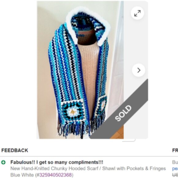 NEW Hand-Knitted Chunky Granny Squares Hood Scarf Shawl Wrap Pockets Fringe Vine - Picture 17 of 17